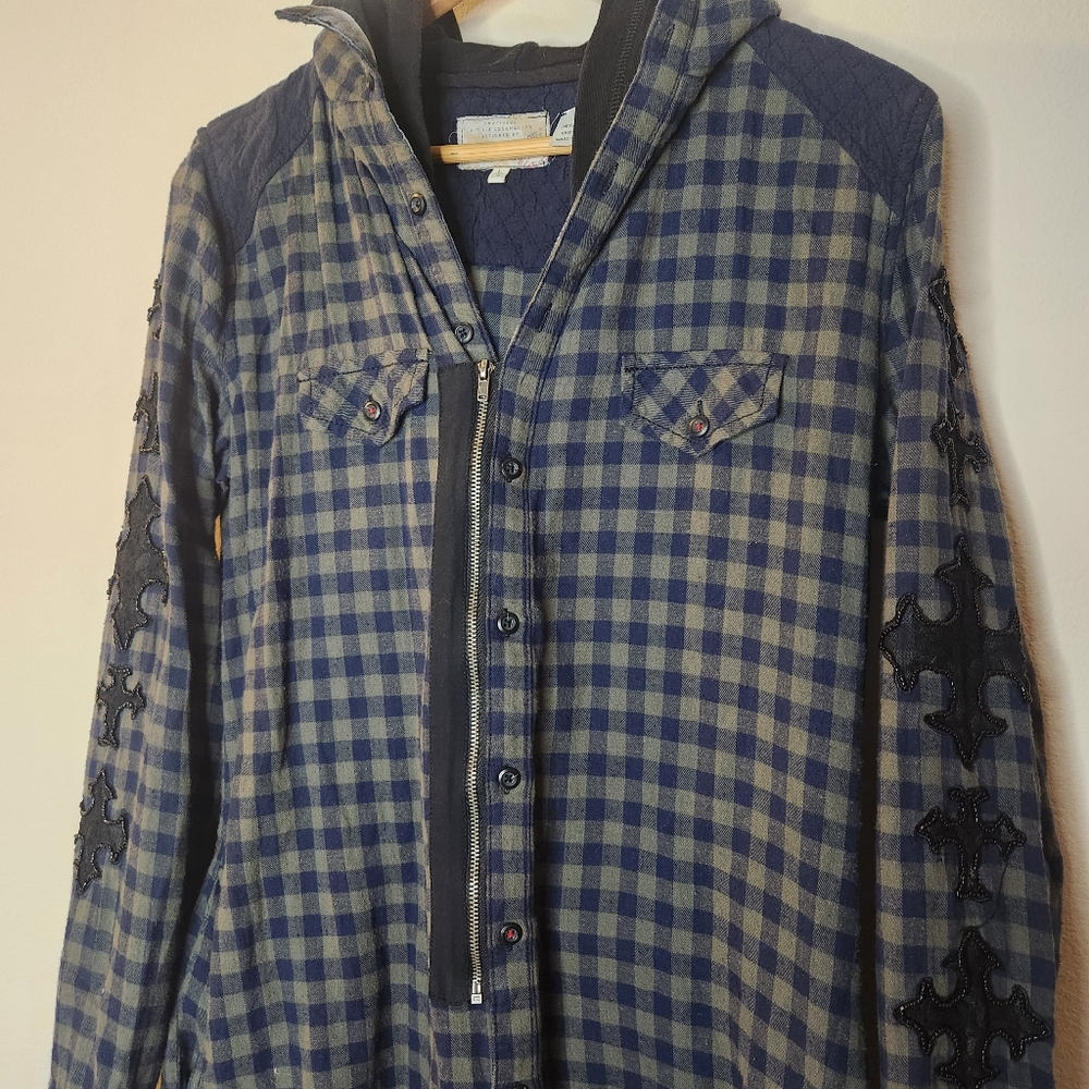 Miss Me Blue Black Plaid Button Down Shirt Hoodie Cross